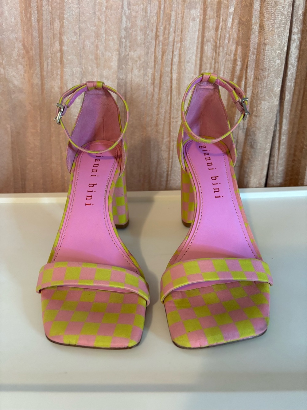 Gianni Bini Pink and Lime Check Block Heel Sandals